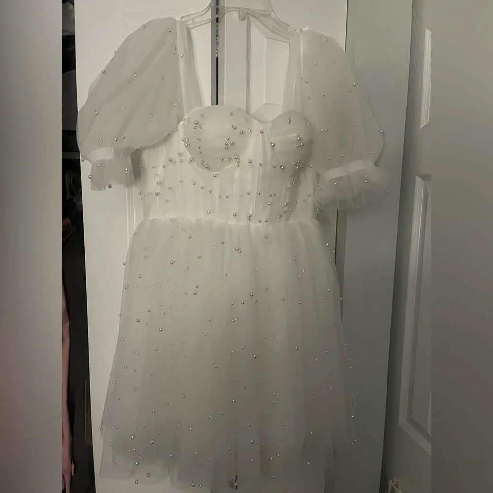 NWT WHITE PEARL DRESS: Ava Gowns Pearl Mini Dress - BRIDAL/ ENGAGEMENT DRESS - Picture 6 of 8